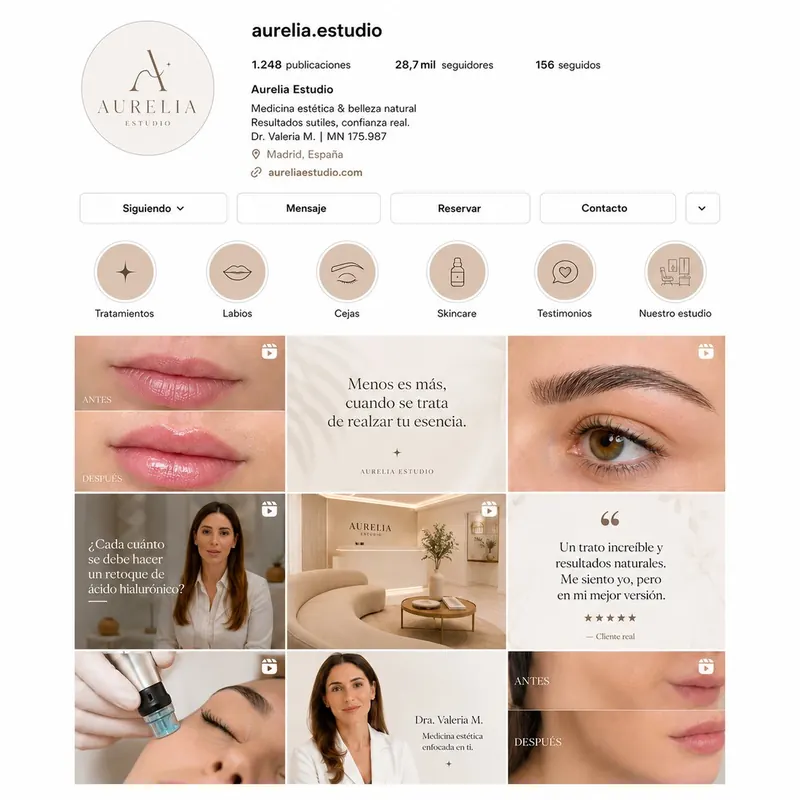 Ejemplo de contenido: perfil de Instagram de un estudio de estética